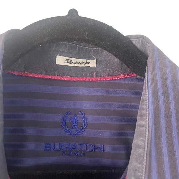 Bugatchi Size XL Blue Black Shaped Fit Striped Print Cotton Button Up Shirt - Picture 4 of 8